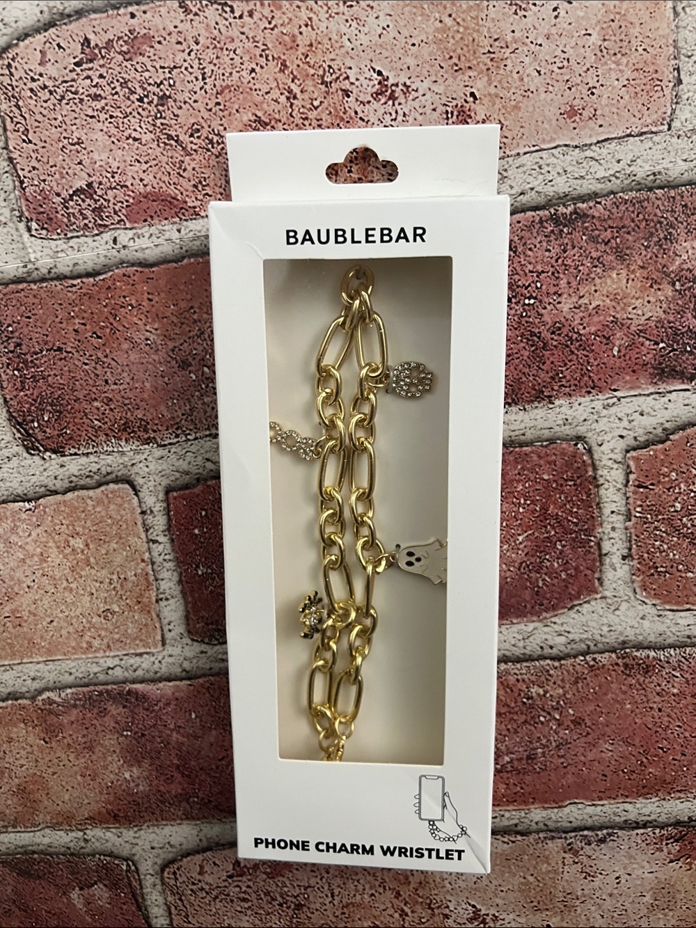 BaubleBar Halloween Gold Tone Charm Phone Wristlet with Rhinestone Accents